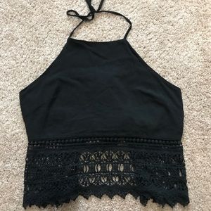 AEO black halter neck cropped tank top w/ crochet
